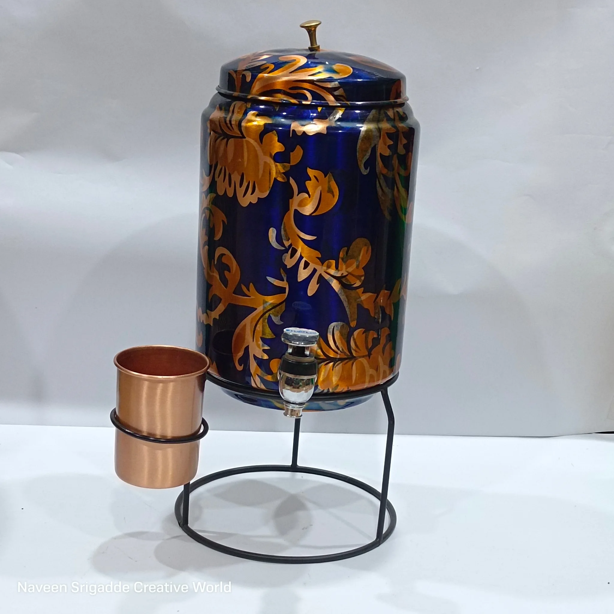 Decorative Copper Water Dispenser Set with Glass & Stand