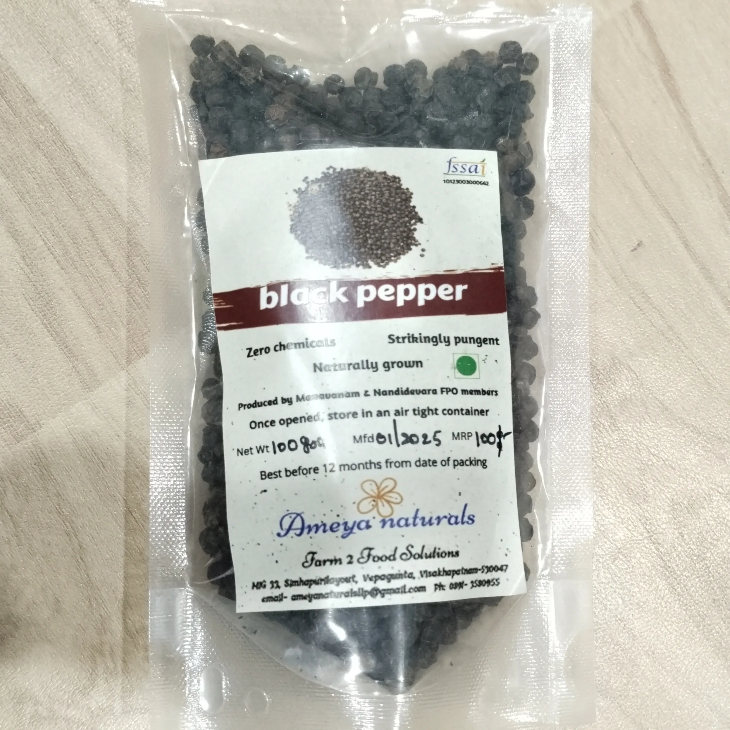 Black Pepper Zero chemicals naturally grown 100 grams pack