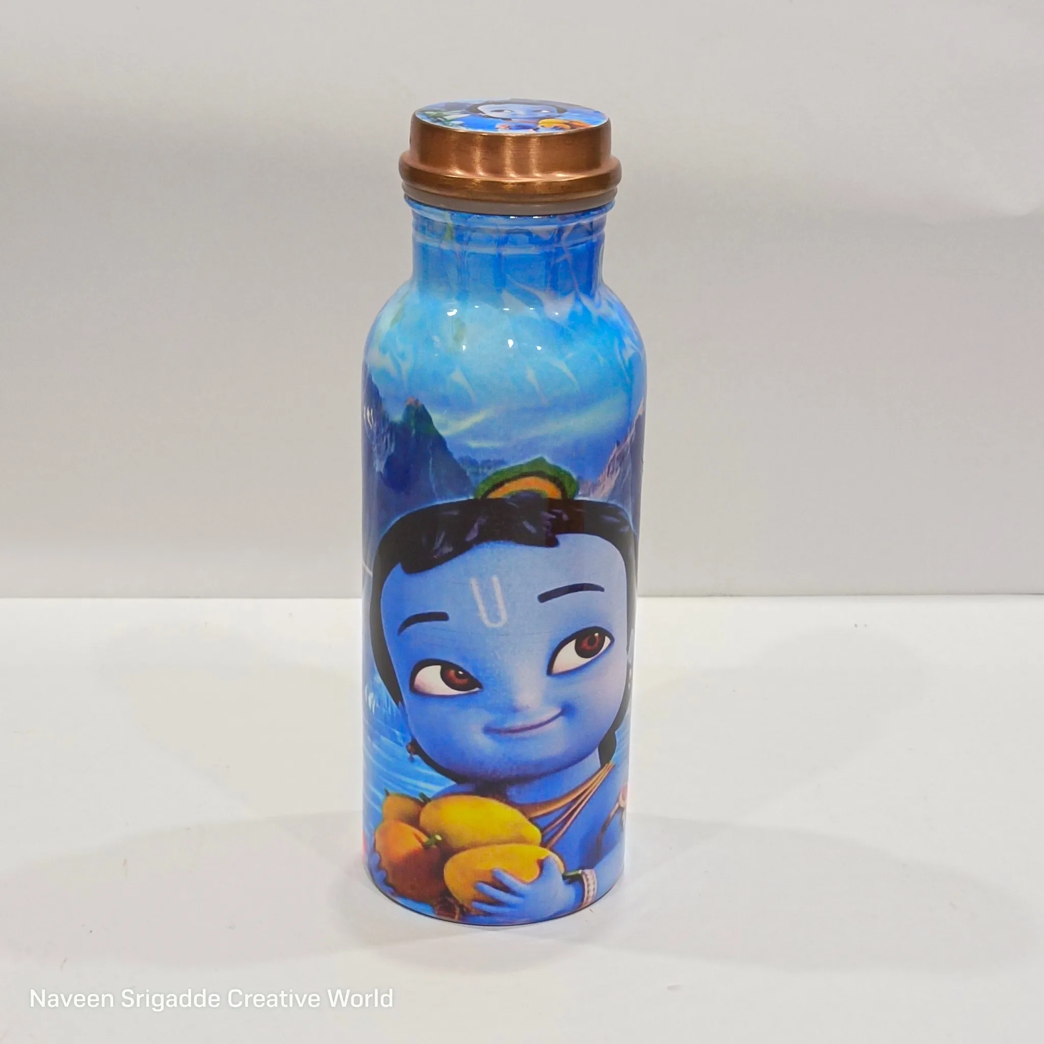 Copper Water Bottle with Cartoon Krishna Design – Leakproof